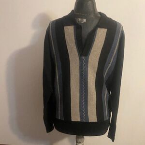 Chereskin Black/Blue/Gray stripe 1/4 button sweater, size XL